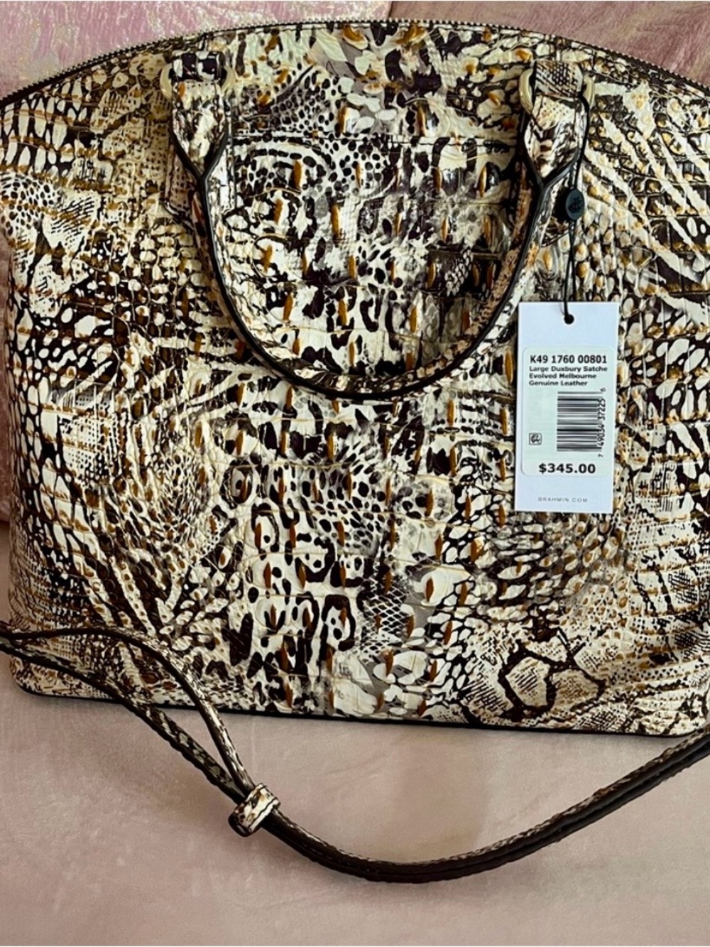 NWT~Brahmin Multicolor Animal Print Satchel in Cream, Black and Brown